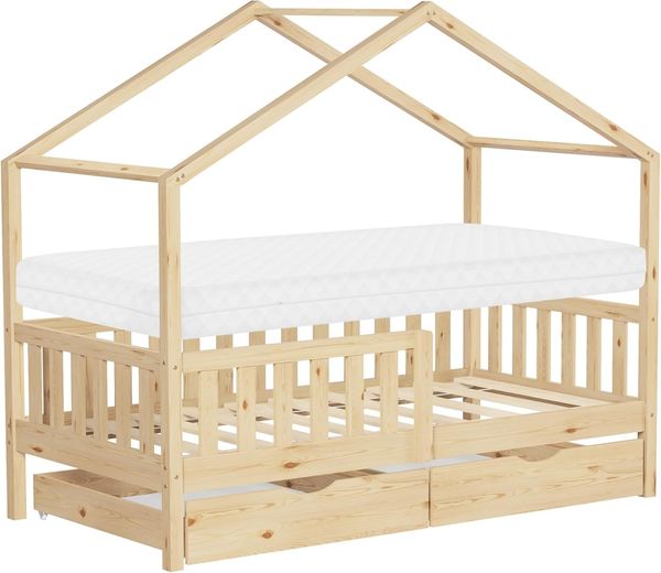 ML-DESIGN Spielbett Hausbett Kinderbett inkl. 2 Schubladen, Lattenrost und Rausfallschutz, Abenteuerbett 80x160 cm mit Matratze Himmelbett Kiefer Jugendbett Natur