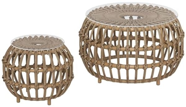 Outsunny Beistelltisch mit Glasplatte (rund wetterfest Gartentisch, 2-St, 2er Set Balkontisch aus Polyrattan), Ø66,42 cm, für Garten, Balkon, Braun