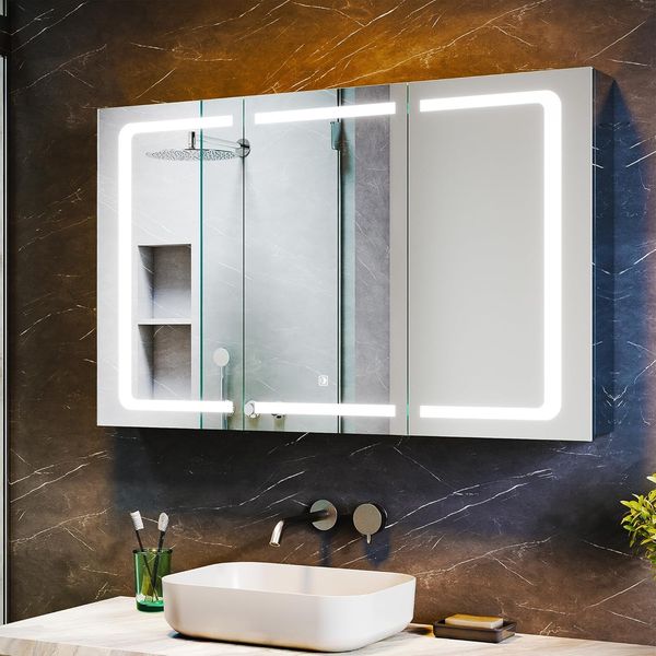 SUNXURY Spiegelschrank mit Beleuchtung 105x65 cm Badspiegelschrank mit Spiegelschrank LED Spiegelschrank mit Touch für das Badezimmer Edelstahl Spiegelschrank mit Steckdose wasserdicht