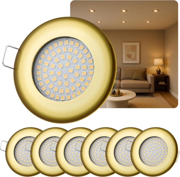 Sweet LED LED Einbaustrahler 6er Set LED Einbauspots Flach rund 5 W gold 230V dimmbar, LED fest integriert, 3000K, warmweiß, Deckenspots, Deckenstrahler, Einbauleuchten
