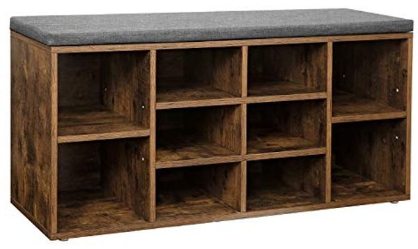 Vasagle Schuhbank mit 10 Fächern, Spanplatte vintagebraun / Leinenimitat braun, 48 x 30 x 104 cm