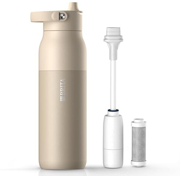 BRITA Trinkflasche BRITA LARQ Essential Filter Trinkflasche (1L) mit Strohhalm, Edelstahl Wasserflasche mit doppelwandiger Isolierung - hält 24h kalt