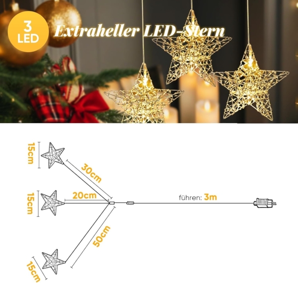 Salcar LED-Lichterkette LED Stern Warmweiß Ø15cm Fensterdeko Sterne LED Weihnachtsdeko, 3 Sterne mit Timer Steckerbetrieb für Weihnachten & Partys Bild 5