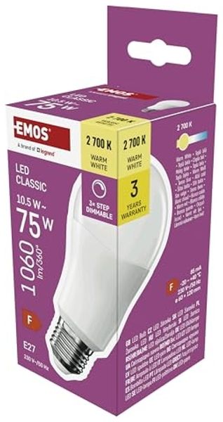 EMOS - Dimmbare LED Lampe Classic 10,5W - A60-Birne Ersatz für 75W Glühbirne - E27 Sockel, Helligkeit 1 060 lm, Warmweiß 2700 K, 30000 h Lebensdauer - CRI min. 80, 160° Abstrahlwinkel - Step-Dimmen