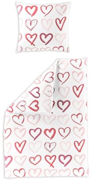 Bierbaum Mako-Satin Bettwäsche 135x200 Herzen weiß rot rosa süß 4145-60