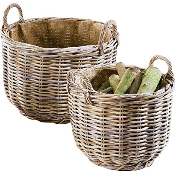 Kobolo Kaminholzkorb Rattankorb rund mit Leinenstoff 2er Set, aus Rattan