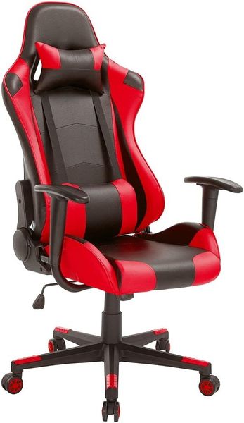 BAKAJI Gaming-Stuhl, Schreibtisch, Büro, Zuhause, aus Kunstleder, Rückenlehne verstellbar, Lendenkissen, Kopfstütze um 360 Grad drehbar, Höhe verstellbar, 5 Rollen (rot)