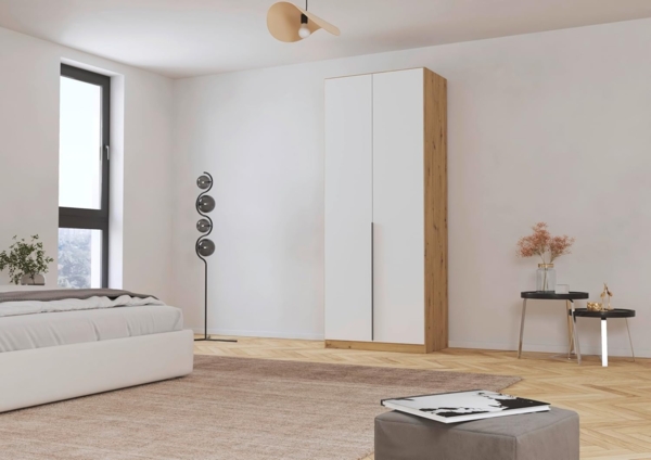 Rauch Möbel Alabama, Kleiderschrank, Garderobenschrank, 2-türig, Zubehör Premium, 1 Kleiderstange, 3 Einlegeböden, Schubladeneinsatz, Farbe Weiß/Eiche Artisan, Holz, Griff Grau metallic, 91 x 229 x 54 cm Bild 2