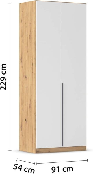 Rauch Möbel Alabama, Kleiderschrank, Garderobenschrank, 2-türig, Zubehör Premium, 1 Kleiderstange, 3 Einlegeböden, Schubladeneinsatz, Farbe Weiß/Eiche Artisan, Holz, Griff Grau metallic, 91 x 229 x 54 cm Bild 3