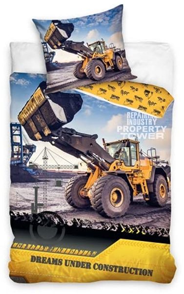 MTOnlinehandel Bettwäsche Bagger 135x200 + 80x80 cm, 100 % Baumwolle, Renforcé, 2 teilig, Kinderbettwäsche-Set mit Bagger, Betonmischer & Baustelle