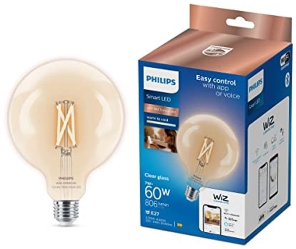 Philips Filament-Kugellampe klar 7 W (entspr. 60 W) G125 E27 Intelligentes Leuchtmittel Wi-Fi/Bluetooth Transparent Wi-Fi 4 (802.11n) 802.11b 802.11g LED E27