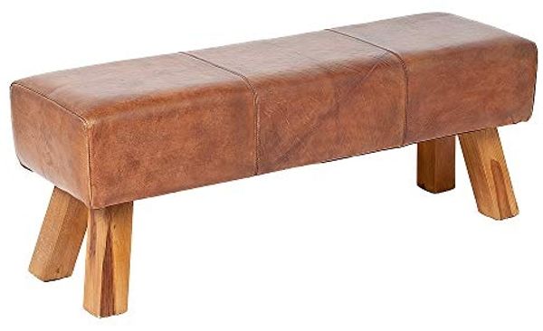 LebensWohnArt Sitzbank Leder Bank MAXI-L Cognac ca. L120cm Teak