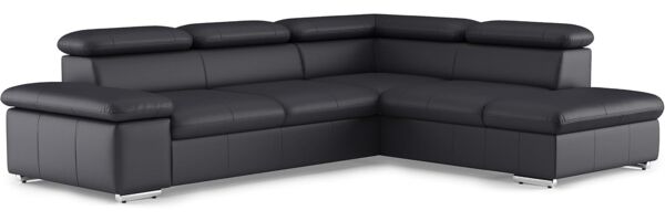 CAVADORE Leder-Ecksofa Valerie mit Ottomane / Eckcouch mit Kopfteilverstellung + Metallfüßen / 272 x 73 x 226 / Echtleder Schwarz
