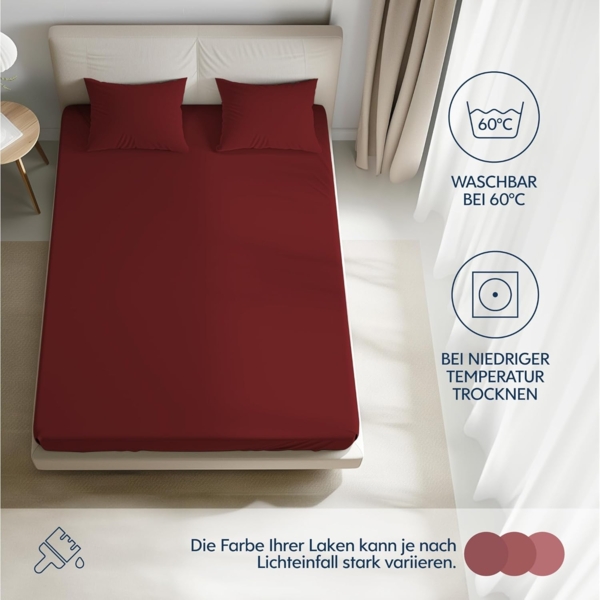 Dreamzie Premium Spannbettlaken 180x200 cm, Bettlaken 100% Jersey Baumwolle, Spannbetttuch für Dicke Matratzen bis zu 27 cm, 150 g/m², Oeko-TEX Zertifiziert - Burgunderrot Bild 5