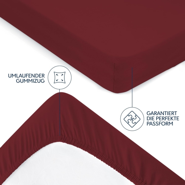 Dreamzie Premium Spannbettlaken 180x200 cm, Bettlaken 100% Jersey Baumwolle, Spannbetttuch für Dicke Matratzen bis zu 27 cm, 150 g/m², Oeko-TEX Zertifiziert - Burgunderrot Bild 4