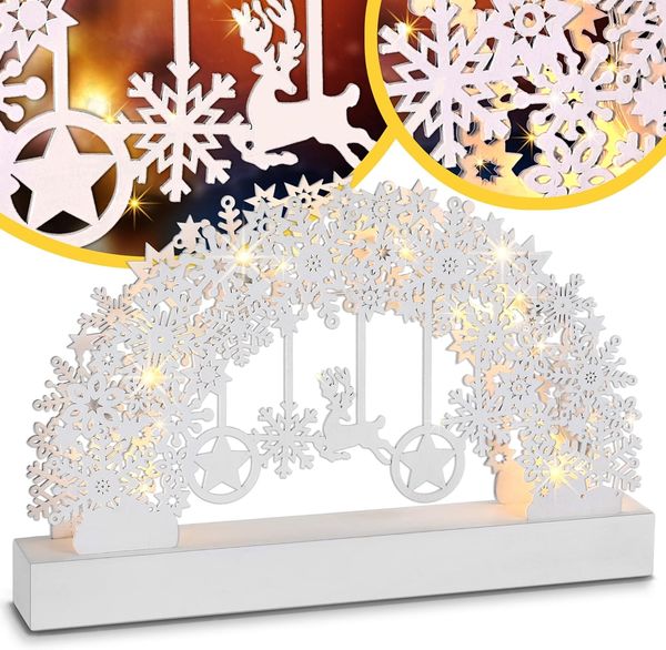 Monzana Schwibbogen Schneeflocken Holz Weiß LED Beleuchtet Weihnachten Deko Weihnachtsbogen Lichterbogen
