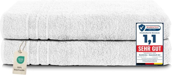 Komfortec 2er Saunatuch Set 80x200 cm aus 100% Baumwolle, XXL-Saunatücher, Sauna Handtuch, Weich, Groß, Frottee, Schnelltrocknend, Weiß