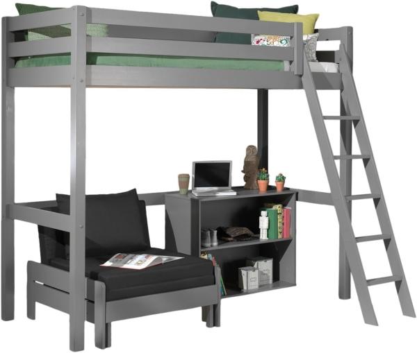 Vipack Hochbett grau, 90x200 cm inkl. Sesselbett und Regal mit zwei Fächern