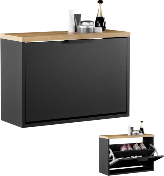 Planetmöbel Schuhschrank schmal mit 1 Klappe platzsparender Schuhregal mit 2 Ablagen, Schuhkommode für Diele, Flur, Garderobe 60 x 23 x 42,5 cm, schwarz