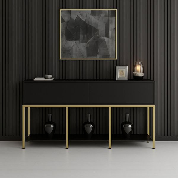 Dmora - Kommode Altair, Wohnzimmerbuffet, Wohnzimmer-Sideboard, Moderne Küchen-Speisekammer, 150x30h80 cm, Schwarz und Gold