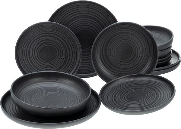 CreaTable 23861 Tafelservice Uno für 4 Personen, Steinzeug, schwarz (1 Set, 12-teilig)