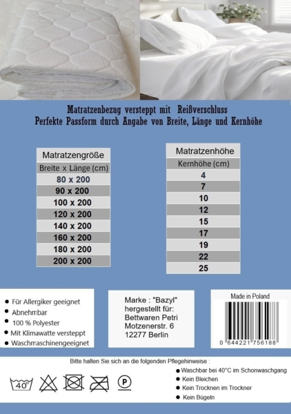 Bazyl Matratzenbezug mit Reißverschluss, versteppt, 180x200 cm, 7,0 cm Bild 6
