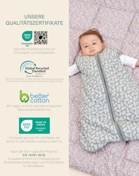 molis&co - Baby Schlafsack ärmellos - Ideal für den Winter - Babyschlafsack tog 2.5 ohne Ärmel - 100% Baumwolle (Oeko-TEX 100), Premium Qualität - Green Garden (70 cm, 0-6 Monate) Bild 6