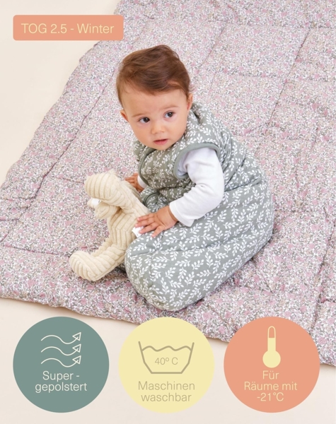 molis&co - Baby Schlafsack ärmellos - Ideal für den Winter - Babyschlafsack tog 2.5 ohne Ärmel - 100% Baumwolle (Oeko-TEX 100), Premium Qualität - Green Garden (70 cm, 0-6 Monate) Bild 4