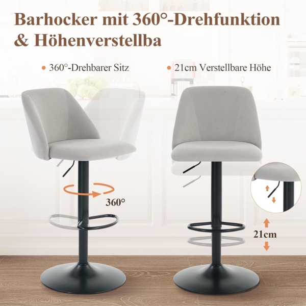 COLAMY Barhocker 4er Set mit Rückenlehne & 360° Drehfunktion, Höhenverstellbar (63,5-84,5 cm), Küchenhocker aus PU-Kunstleder, Stühle für Kücheninsel, Esszimmer oder Home-Bar, Grau Bild 3