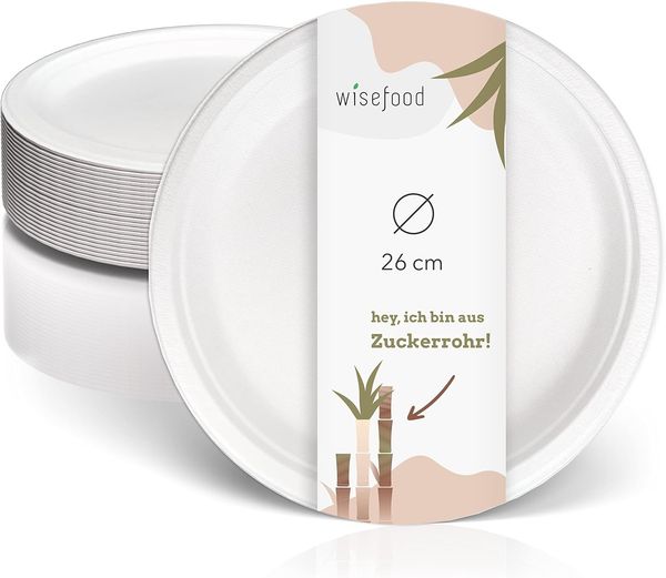 wisefood Einwegteller Zuckerrohr Teller - 26 cm (rund, weiß) Bagasse, (100 St)