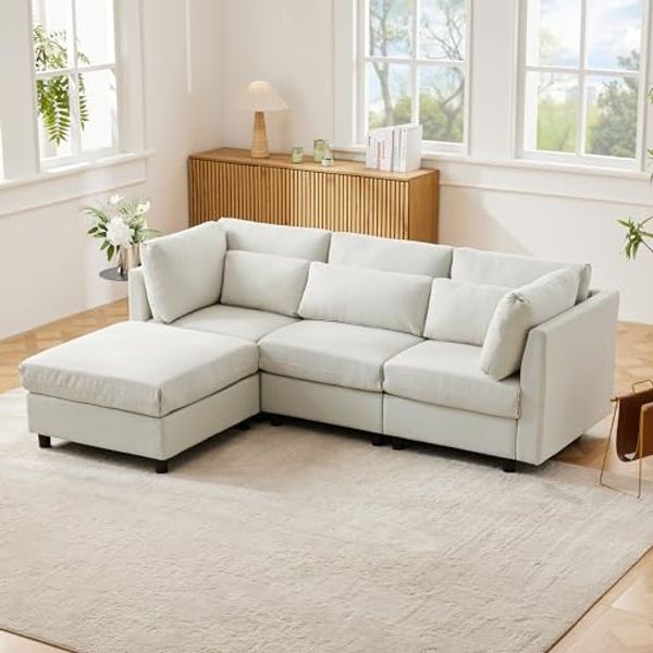 Ball & Cast L-förmiges Eckcouch mit Schlaffunktion, 3-Sitzer Sofa mit Polsterhocker aus Leinenstoff für das Wohnzimmer Wohnung Villa, 220 x 81 x 83 (BxHxT), Beige