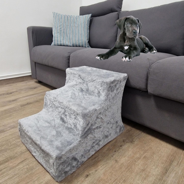 Hundetreppe für Sofa, Bett, 3 Stufen waschbarer Plüschbezug niedrige Stufenhöhe Anthrazit