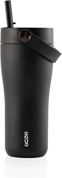 Thermo Trinkflasche mit Strohhalm Thermobecher Edelstahl EQUA Carry Cup 0,6L Schwarz 685956