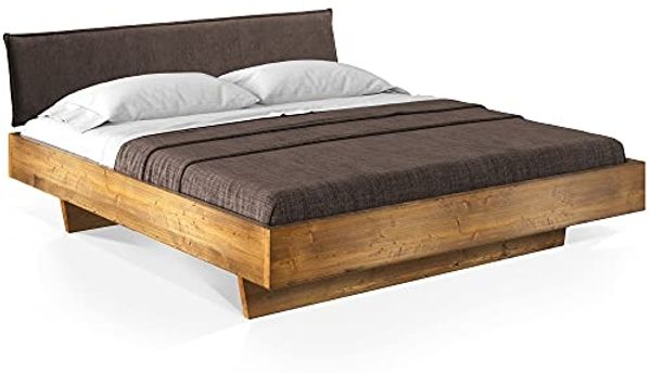 Möbel-Eins CURBY Wangenbett mit Polster-Kopfteil, Material Massivholz, rustikale Altholzoptik, Fichte gebürstet Vintage 90x200 cm Stoff Braun ohne Steppung