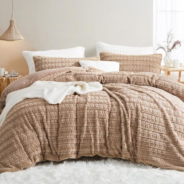 Lanqinglv Plüsch Bettwäsche 135x200 Kunstfell Khaki Flauschig Winterbettwäsche Warme Kuschelig Flanell Fleece Cashmere Touch Biber Bettbezug mit Reißverschluss und 1 Kissenbezug 80x80 cm