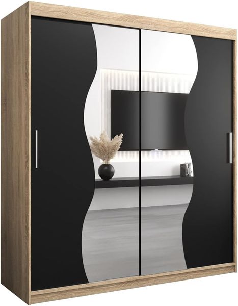KRYSPOL Schwebetürenschrank Madryt 180 cm mit Spiegel Kleiderschrank mit Kleiderstange und Einlegeboden Schlafzimmer- Wohnzimmerschrank Schiebetüren Modern Design (Sonoma + Schwarz)