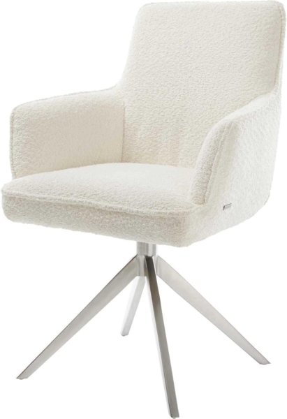 Drehstuhl Heira-Flex mit Armlehnen Bouclé Weiß Kreuzgestell breit Edelstahl 360° drehbar Wippfunktion Taschenfederkern