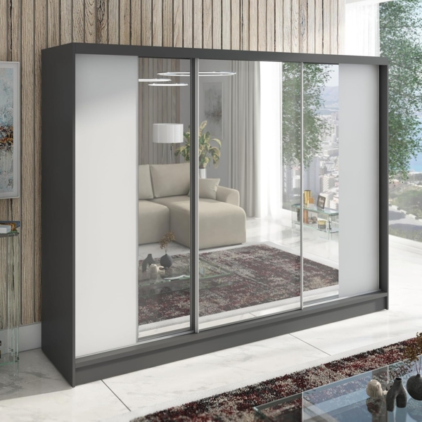 Schwebetürenschrank VENA 3-türig Schrank 200 cm (mit Spiegel) Farbe: Graphit , Weiß