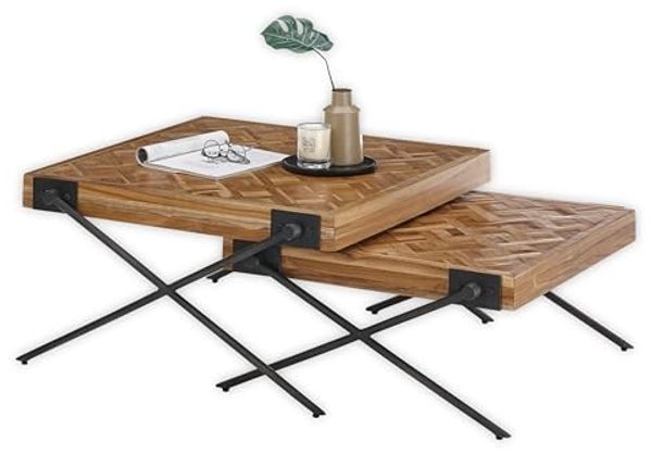 AKONI Beistelltisch 2er Set, Teak-Holz recycelt - Hochwertiges Couchtisch Set mit filigranem Metallgestell - 80 x 43 x 80 cm (B/H/T)