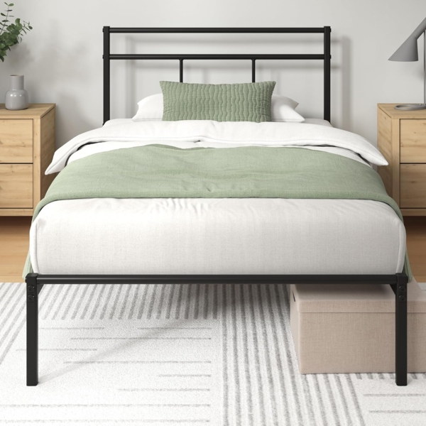 Zinus Elias Bettgestell 90x200 cm mit Vintage Kopfteil - Metallbett 90x200 mit Metall-Lattenrost - 30 cm Hohe Plattform mit Freiraum Darunter - Kein Boxspringbett Erforderlich - Schwarz