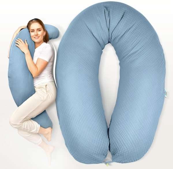 sei Design Stillkissen XXL Musselin 190x30, ergonomisches Seitenschläferkissen Schwangerschaftskissen Lagerungskissen - Extra leise Füllung. Bezug 100% Bio Baumwolle Baby Erstausstattung Neugeborene