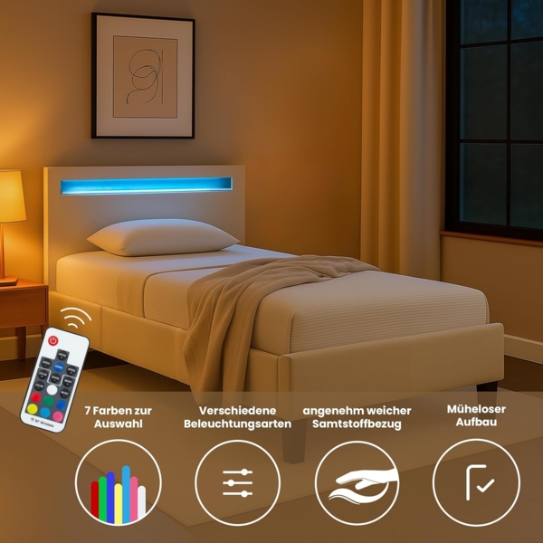 IDIMEX Polsterbett BAGO, Jugendbett mit LED Beleuchtung & Lattenrost Samtbezug cremeweiß Bild 9