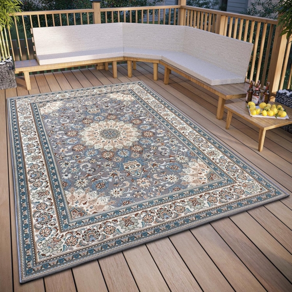 Hanse Home Kadi In- & Outdoor Teppich Orientalisch – Orient Flachgewebe, Orientalisches Design Klassisch, ÖKO-TEX Wetterfest & UV-beständig für Balkon, Terrasse, Garten – Grau Creme, 200x285 cm