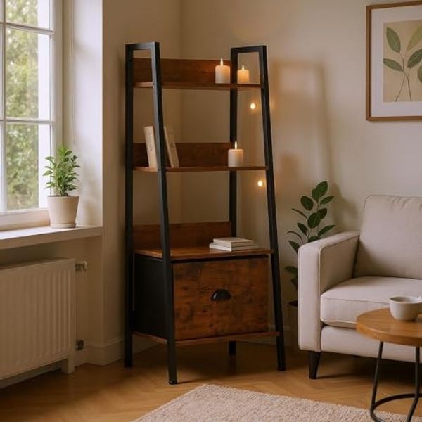 FurnitureR Leiter-Bücherregal 4 Ebenen 42 x 29 x 110 cm mit Stoffschublade, 12 mm Holzregalböden & 20 mm Metallrahmen, 7,5 cm Rückwand, Stilvolles Regal für Wohnzimmer im warmen Holzstil
