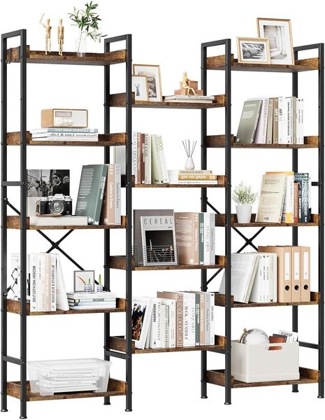 GarveeHome Bücherregal Standregal Mit 14 Ablagen, Industrie-Design Regal Mit Metallrahmen Für Wohnzimmer, Arbeitszimmer, Büro, 158 x 24 x 140 cm
