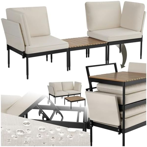 tectake Gartenlounge-Set Aluminium Gartenlounge-Set, (Set, 3-tlg), Kompakter Couchtisch mit Lamellen in natürlichem Holzlook