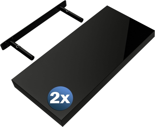 Casaria Wandregal mit Halterung, 2 Stück, MDF, Schwarz / Hochglanz, 50 x 23 x 3,8cm