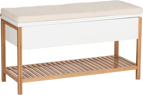 WENKO Schuhbank mit Staufach Finja, Sitzbank mit Sitzpolster, Stauraum und Schuhablage im Scandi Chic, Deckel aufklappbar, aus hochwertigem, nachhaltigem Bambus kombiniert mit MDF, 90 x 52 x 35 cm