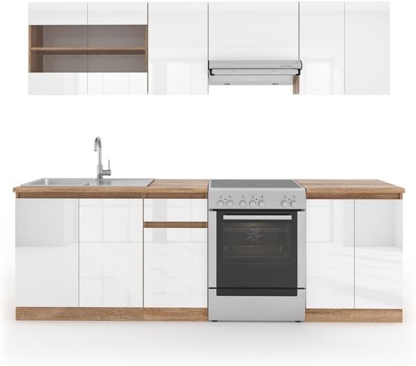 Küchenzeile Raul Weiß Hochglanz/Weiß 240 cm , AP Sonoma Vicco