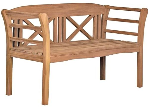 MR. DEKO Gartenbank Föhr – 2-Sitzer Bank, Teakholz, wetterfest, geformte Lehne (2-Sitzer Bank, zerlegt geliefert, ideal für Terrasse, 1-St), Massive Sitzbank Garten und Balkon, 250 kg belastbar
